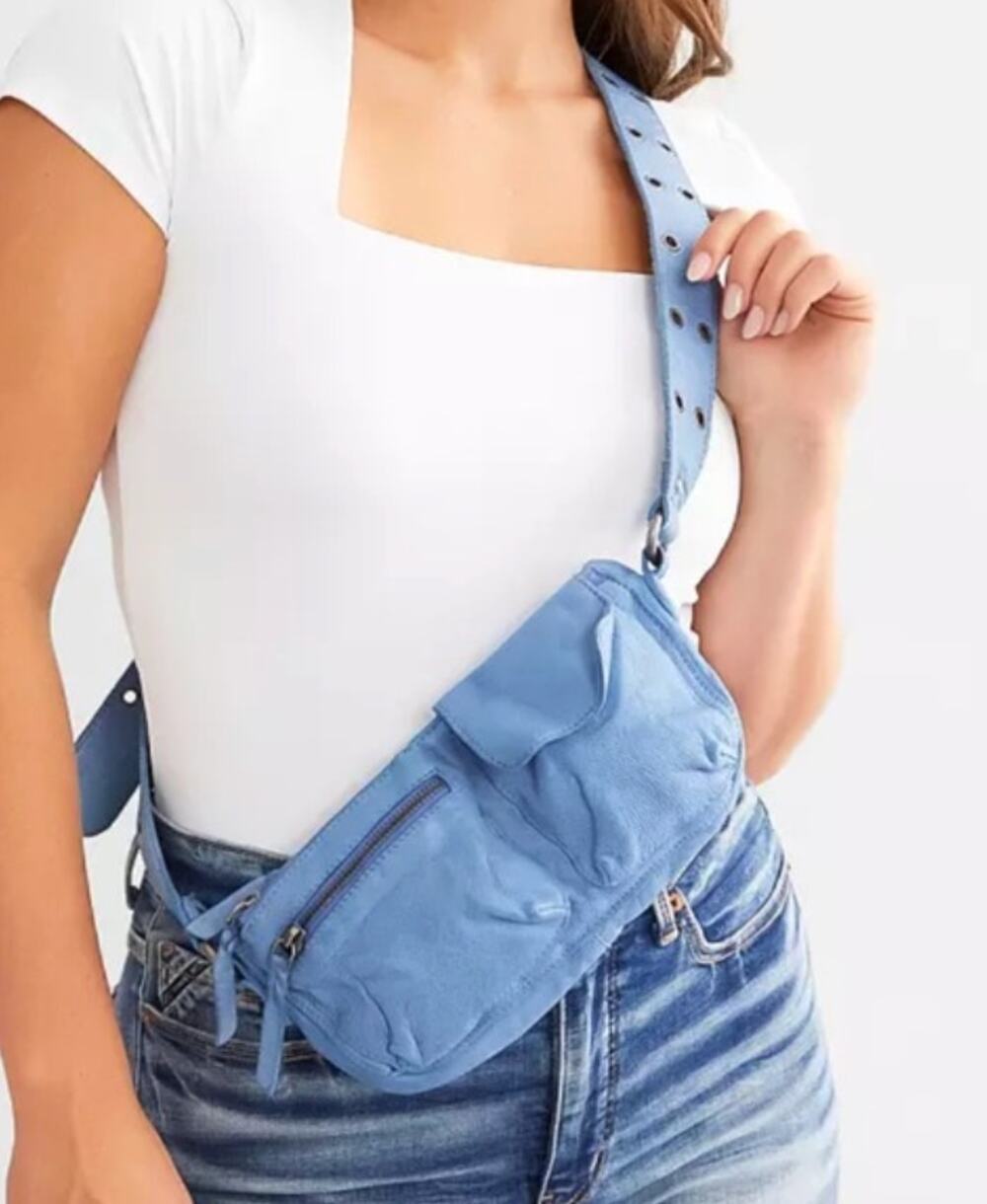 Free People Wade Classic Sling Crossbody Bag Blue Leather Pockets Hippie Boho